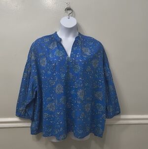 J.Jill Split Neck Blue Floral Jacobean Women's Top Sz 2X Peasant Cottege Core